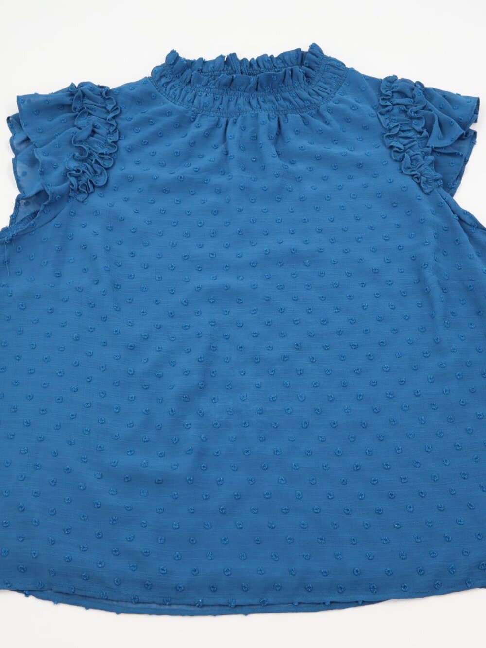 CeCe Swiss Dot Blouse Womens XL Teal Blue Ruffle Smocked Mock Neck‎ Top